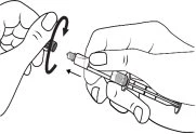 Two hands rotating a cap on a medical injection pen following a curved arrow and a horizontal arrow pointing to the left
