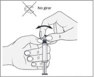 Technical drawing of two hands holding a syringe with a curved arrow indicating not to rotate the device and a crossed-out 'No girar' (Do not rotate) label