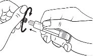 Two hands holding an injection pen with an arrow indicating the rotational movement of the cap to remove it