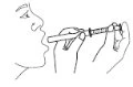 Line drawing of a human profile holding an inhaler with both hands near the mouth for administration