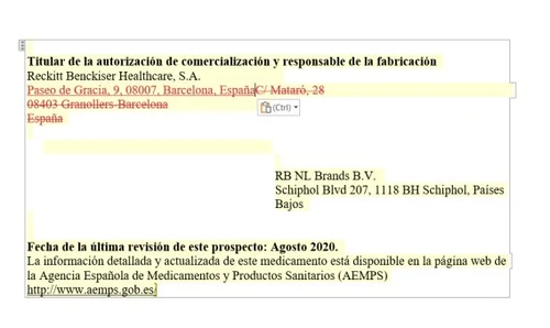 Testo in spagnolo con dati di Reckitt Benckiser Healthcare a Barcellona e RB NL Brands B.V. a Schiphol e data di revisione agosto 2020