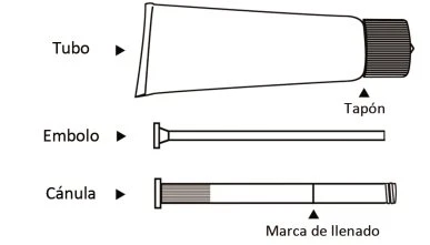 Disegno tecnico con un tubo, un pistone e un cannello con indicazione del segno di riempimento per il caricamento del farmaco