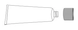 Disegno lineare di un tubetto di crema aperto con tappo a vite separato sulla destra su sfondo bianco
