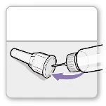 Illustrazione di una mano che ruota il cappuccio di una siringa verso sinistra per svitare o chiudere il dispositivo medico