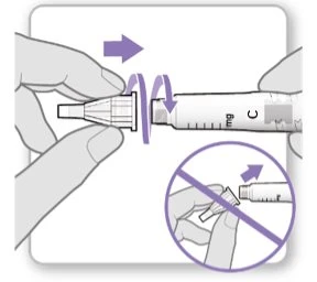 Due mani ruotano la parte superiore di un dispositivo medico bianco con frecce viola, mentre un cerchio barrato mostra l'errore di non piegarlo
