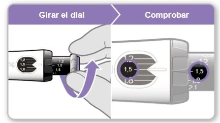 Diagramma in due fasi che mostra una mano che ruota il quadrante di un dispositivo medico per impostare il dosaggio a 1,5 unità
