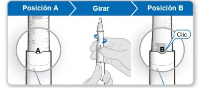 Diagramma con tre fasi che mostra come ruotare un dispositivo medico dalla posizione A alla posizione B con un clic udibile