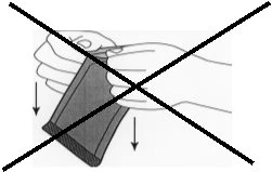 Black and white drawing with a large black X indicating not to pull downward on a container, with two hands and directional arrows