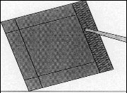 Schematic representation of a square adhesive bandage applied to a surface, with a strip of fabric visible underneath on the right side