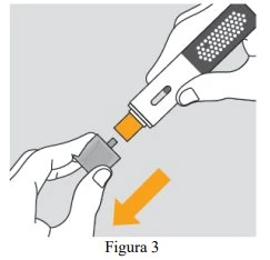 Two hands connecting a white medical device with an orange tip to a gray container following the direction of an orange arrow