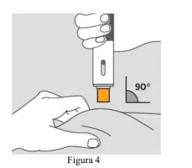 A hand holding a black and white medical device positioned vertically at a 90-degree angle to the skin, with an orange part in contact