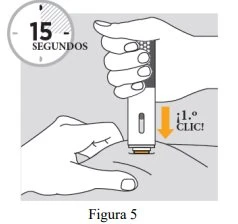 Illustration of a hand pressing a medical device against the skin with a 15-second timer and the text 'first click'