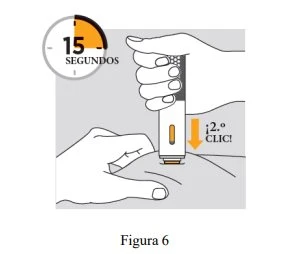 Medical illustration showing a hand pressing an autoinjector against the skin with a second click and a timer set to 15 seconds