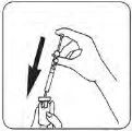 A hand holding a syringe with a needle and a black arrow indicating downward movement to aspirate the content from a glass vial