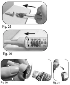 Sequenza di quattro illustrazioni che mostrano le fasi per separare e preparare il dispositivo medico tramite scorrimento e rimozione del cappuccio