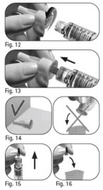 Sequence of four medical illustrations showing the steps of removing the cap, the