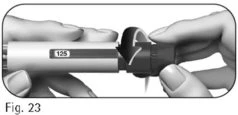 Two hands holding a white and black cylindrical medical device rotating the dark terminal part to the right to adjust it