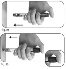 Two black-and-white illustrations showing a hand holding an injection pen applying medication against a vertical surface