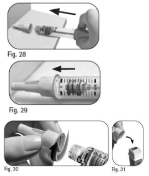Sequence of four illustrations showing how to disassemble, set the dose on a syringe, and remove the protective cap of the device