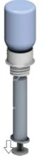 Prefilled syringe with a gray cylindrical body, blue upper part, and a plunger end with a white arrow pointing downward
