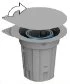 Illustration of a gray sharps container with a circular lid being rotated upwards