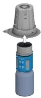 Diagram showing the removal of the upper gray cap from the blue and gray cylindrical body of an injection medical device