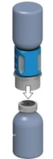Illustration of a blue and gray cylindrical medical device being inserted downward onto a light gray medication vial