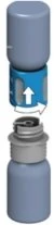 Illustration of a blue and gray medical device with a white arrow indicating rotational movement to lock the upper part