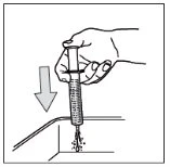 One hand holds a syringe and pushes it downward, with an arrow indicating the direction of movement