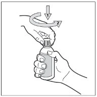 Two hands hold a vial while an upper hand rotates the cap clockwise following numbered arrows 1 and 2