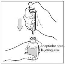One hand holds a syringe above a vial with a syringe adapter, while an arrow indicates downward movement