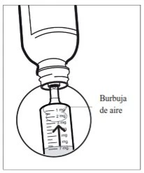 Technical drawing of a syringe containing liquid and an air bubble