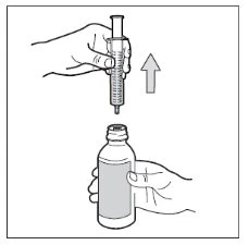 One hand holds a syringe over a glass vial held by another hand