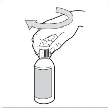 One hand rotates the cap of a medicine vial counterclockwise, indicated by a curved arrow above the container
