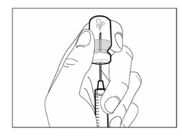 Una mano tiene un flaconcino di vetro con l'ago di una siringa inserito nel tappo di gomma per aspirare il farmaco