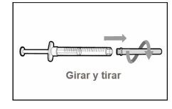 Diagramma che mostra una siringa con una freccia orizzontale verso destra e una freccia curva che indica di ruotare il cappuccio per estrarlo