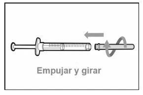 Diagramma che mostra come spingere e ruotare i componenti di una siringa per assemblarli con una freccia direzionale curva e una orizzontale