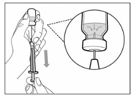 Due mani tengono un flacon con siringa e un ingrandimento mostra l'ago che penetra attraverso la gomma per aspirare il liquido interno