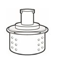 Disegno tecnico in bianco e nero di un dispositivo medico cilindrico con una base larga forata e un cappuccio superiore stretto