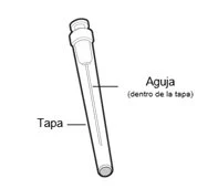 Diagramma tecnico di un dispositivo medico con l'indicazione dell'ago situato all'interno del tappo denominato tapa