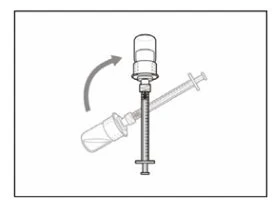 Disegno tecnico che mostra il movimento rotatorio di una siringa per agganciare correttamente il cappuccio di un flacone di farmaco