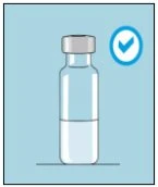 Flacon di vetro trasparente con liquido bianco e tappo metallico grigio su sfondo azzurro con un segno di spunta blu in un cerchio