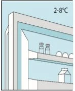Illustrazione di un frigorifero aperto con ripiani contenenti flaconi e contenitori medici con indicazione di temperatura tra 2 e 8 gradi Celsius