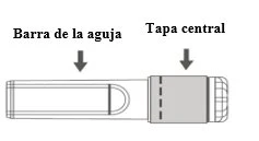 Diagramma tecnico di un dispositivo medico con frecce che indicano la barra dell'ago a sinistra e il tappo centrale a destra