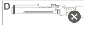 Technical diagram labeled D showing a medical device with a shielded needle and a white cross in a dark circle on the right