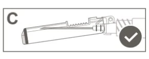 Technical diagram showing a medical device with a needle correctly inserted into the