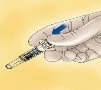 Medical illustration of a hand holding a syringe with needle for subcutaneous administration on a light yellow background