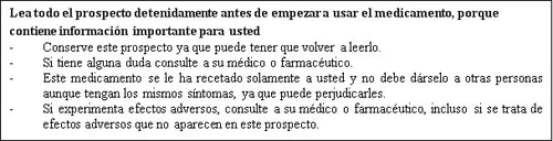 Spanish text on a white background advising to read the package leaflet carefully and providing warnings on