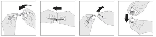 Sequenza di quattro illustrazioni che mostrano le mani che aprono, piegano e separano un contenitore medico con movimenti precisi verso l'esterno