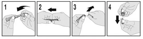 Sequenza di quattro passaggi illustrati che mostrano come piegare e rompere un contenitore monodose con le mani seguendo le frecce direzionali